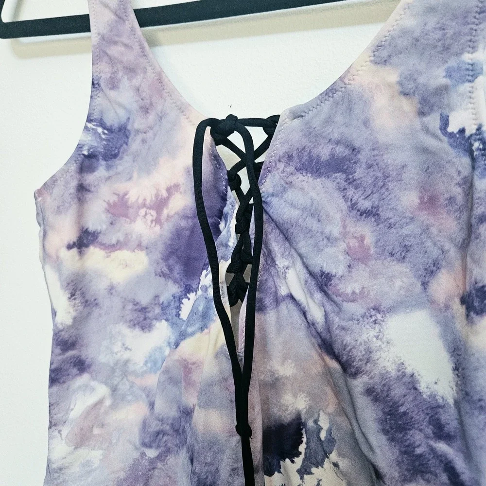 PINK Victorias Secret Swimsuit Small Lace-Up Scoop Back One Piece Purple Tie Dye